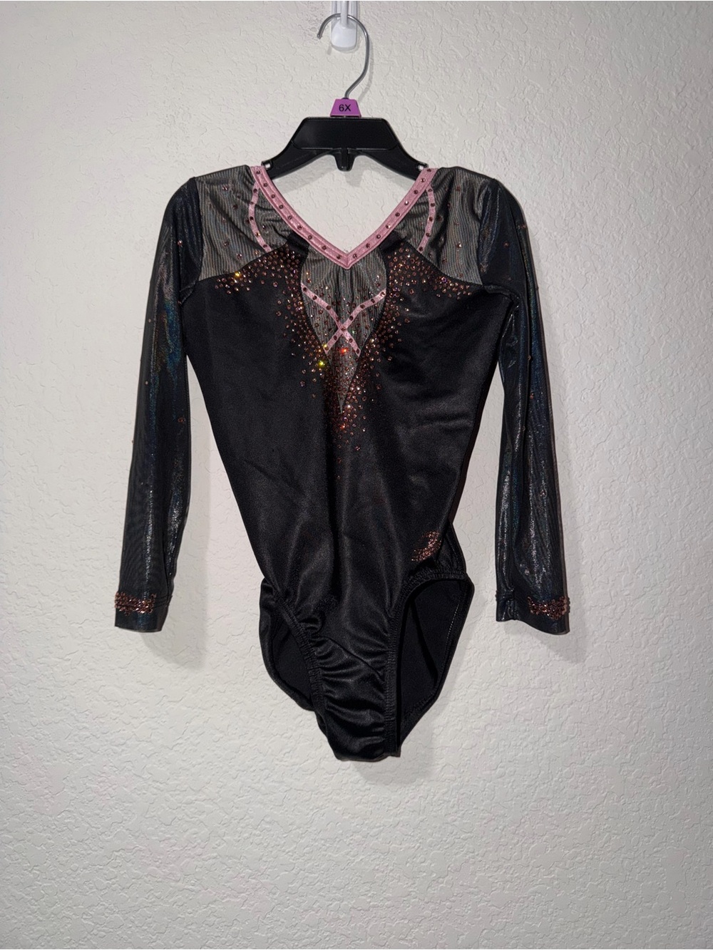 GK Black Gymnastics Performance Leotard with Pink Trim and Sparkle